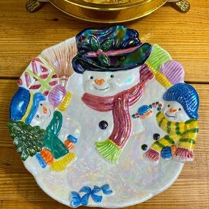 Vintage Iridescent Christmas Snowman Dish